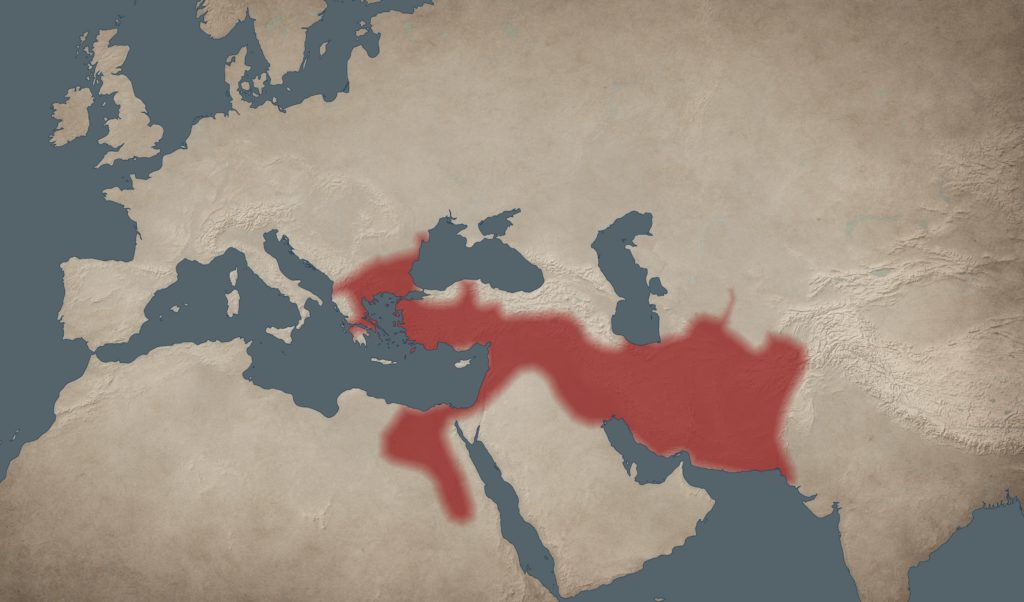 The approximate extent of Alexander the Great's empire.